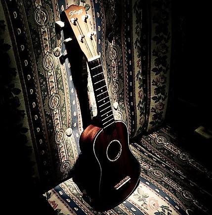 Picture of Ukulele leaned up against a wall.