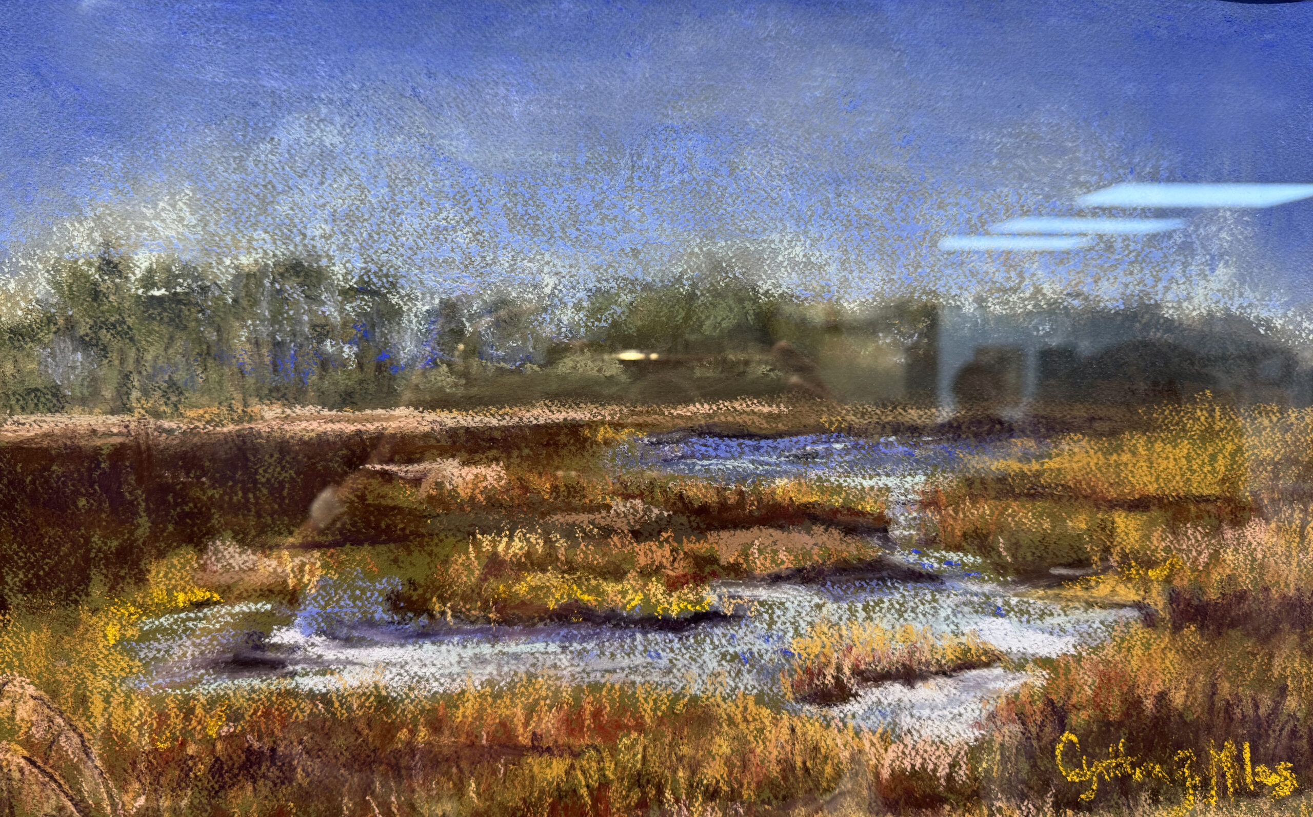 pastel image of a body of water and land