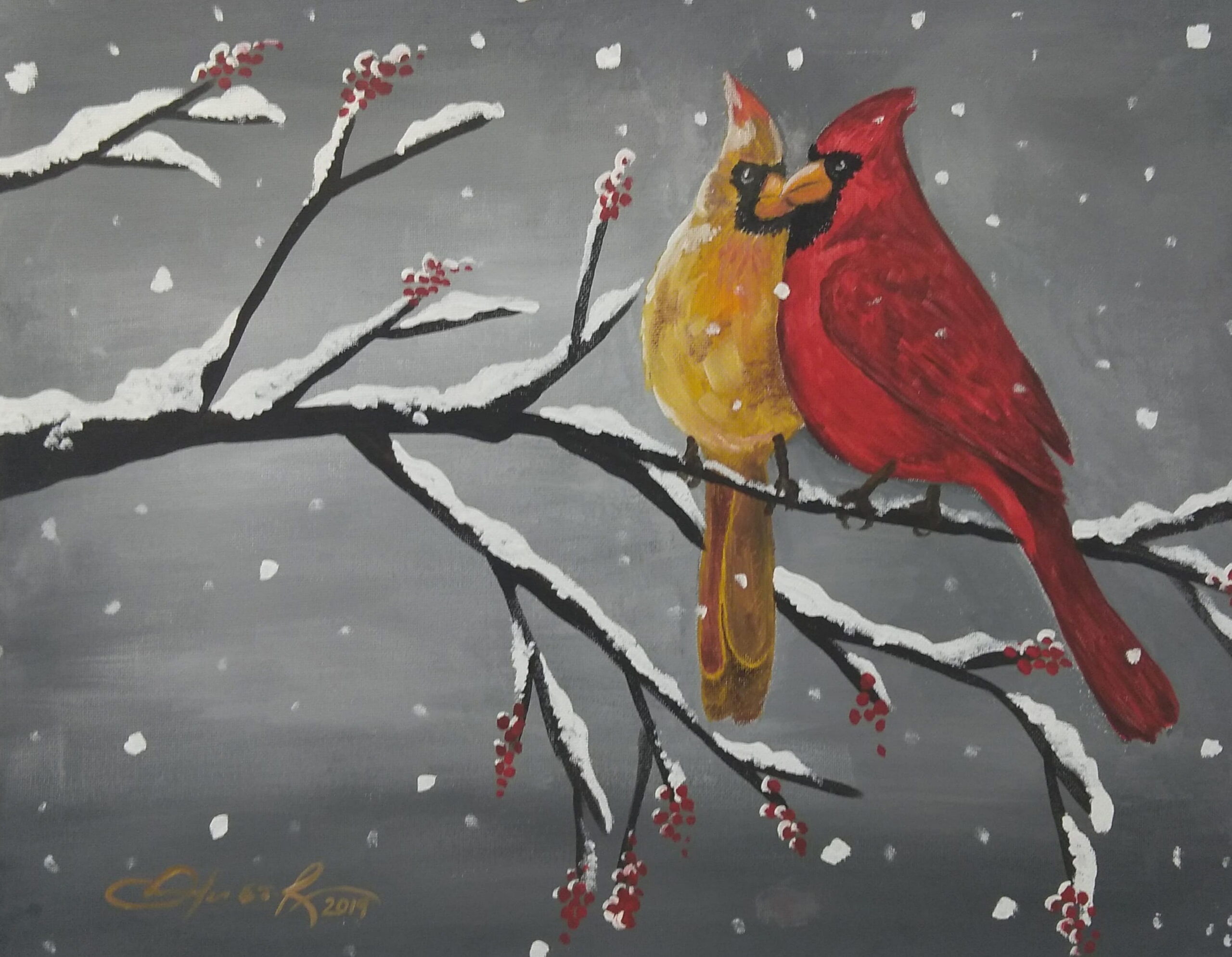 Painting of two birds in the snow.