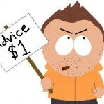 Cartoon boy holds picket sign reading Advice $1