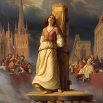 Paiting depicts Joan of Arc chained to pillar