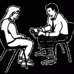 Ink drawing of a man and woman sitting in chairs talking