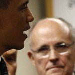Closeup sideview of Obama speaking with Giuliani in background