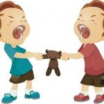 Cartoon image of two children fighting over a teddy bear