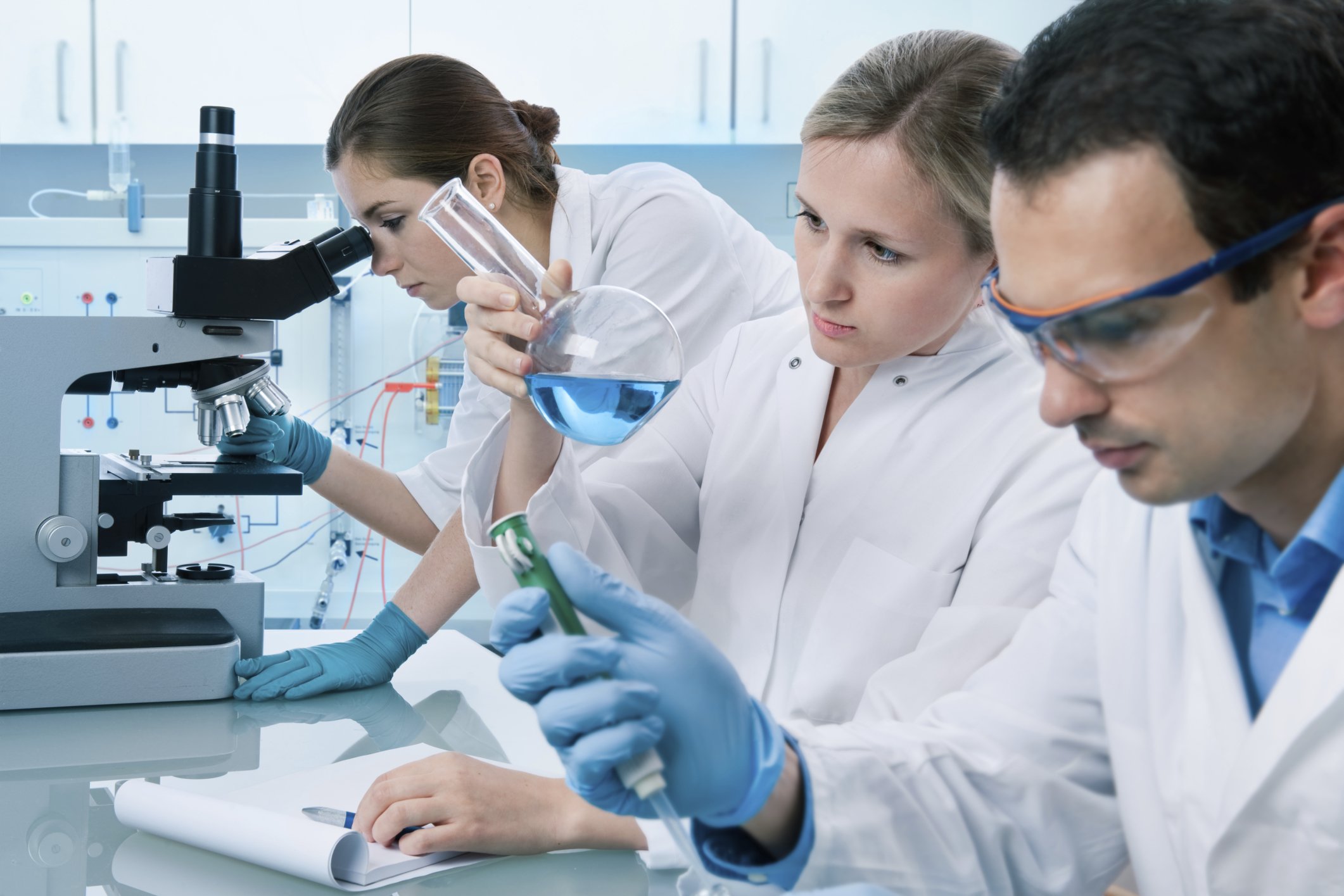 Group of scientists in a laboratory doing various experiments