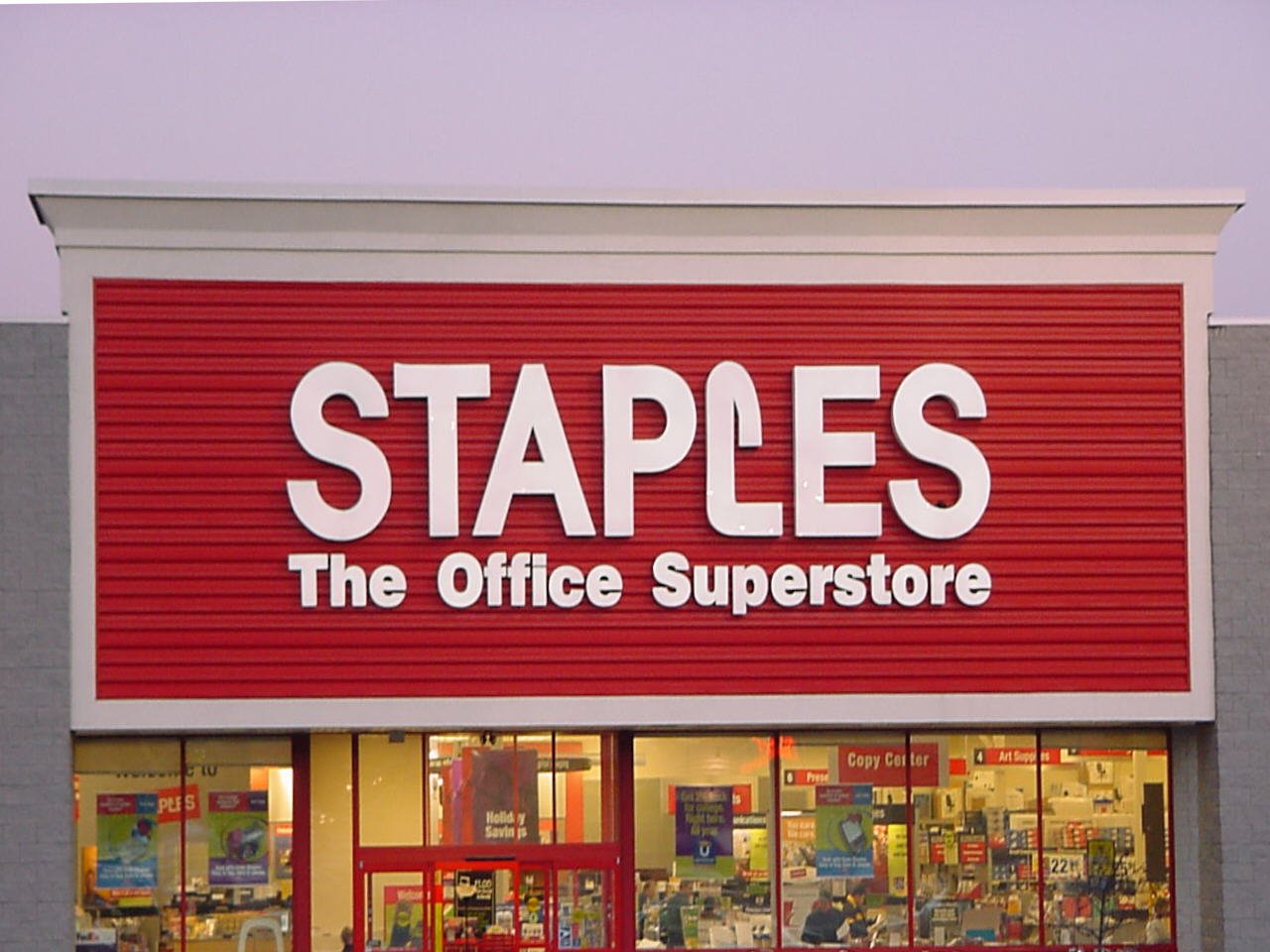 Front view of a Staples office supply store