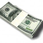 A stack of 100-dollar bills on white background