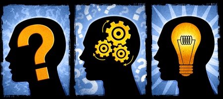 Image of three heads in various stages of critical thinking