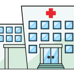 Computer generated image of a hospital with many windows and glass doors