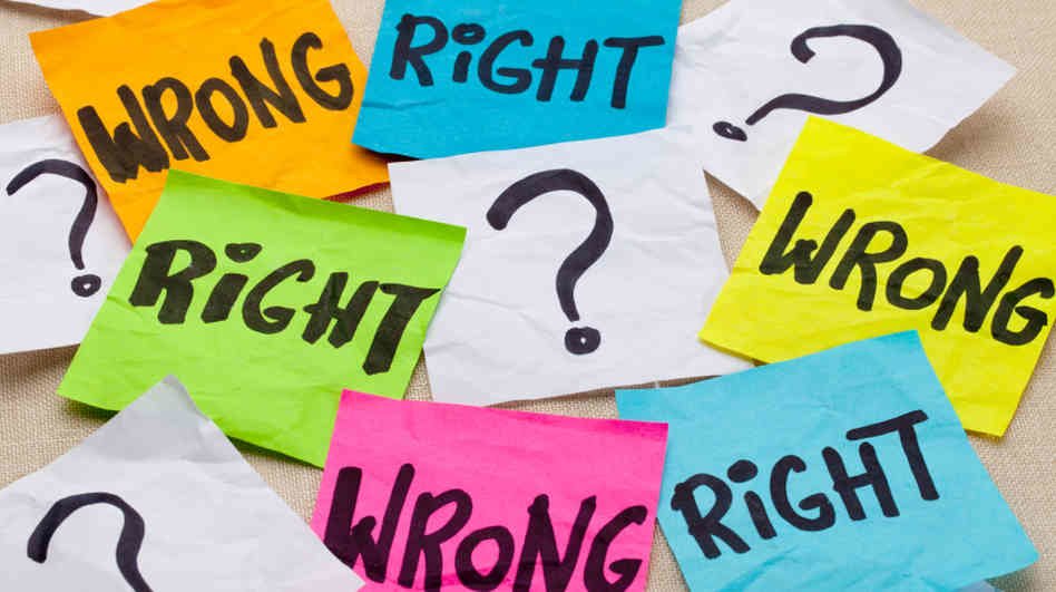 Colorful notes with Right, Wrong or ? written on them