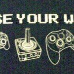 Black and white image of video game controllers that reads Choose Your Weapon