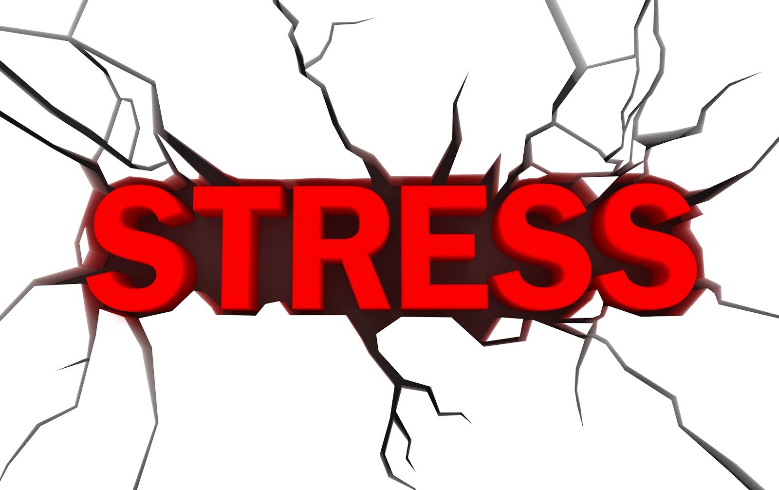 The word Stress in bright red letters cracking threw white background