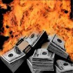 Stacks of US money are bursting in flames
