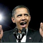 Obama gives a speech with enthusiasm as bright lights shine in background