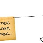 Stick figure pulls a box that reads excuses, excuses, excuses