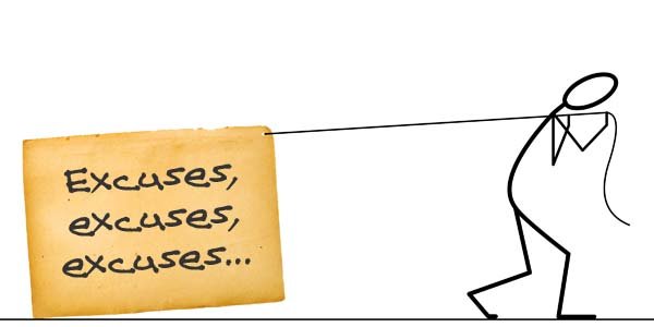 Stick figure pulls a box that reads excuses, excuses, excuses