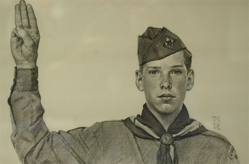 Pencil drawing of a boy scout wearing uniform giving boys scout salute