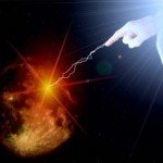 Lightning shoots from fingertip pointed at orange glowing globe