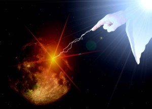 Lightning shoots from fingertip pointed at orange glowing globe