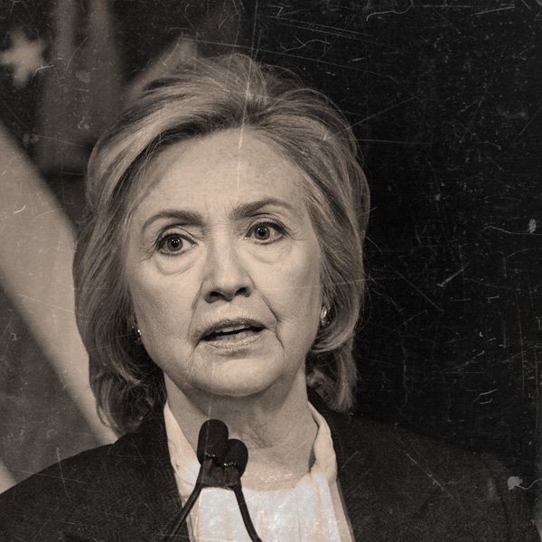 Black and white image of Hillary Clinton giving a speech