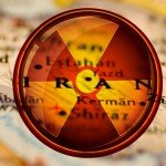 Map of Iran with red and yellow nuclear warning sign