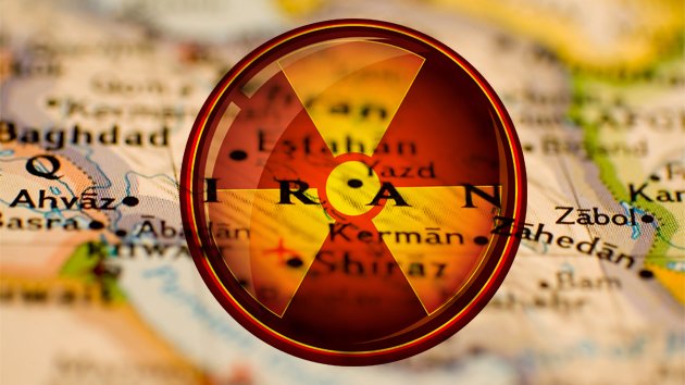 Map of Iran with red and yellow nuclear warning sign