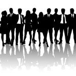 Black and white silhouette image of men and women in formal clothing