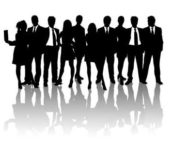 Black and white silhouette image of men and women in formal clothing