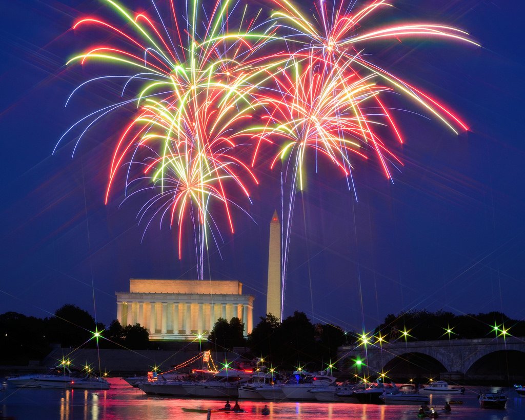 Bright red and green fireworks display in Washington DC