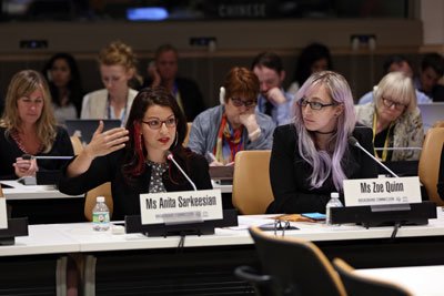 Women sit during discussion board conversation