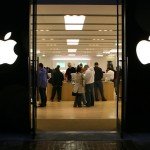 Street view of customers in an Apple retail store
