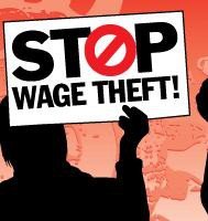 Silhoette holds sign that reads Stop Wage Theft!