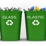 Four green recycle bins filled with materials respectively