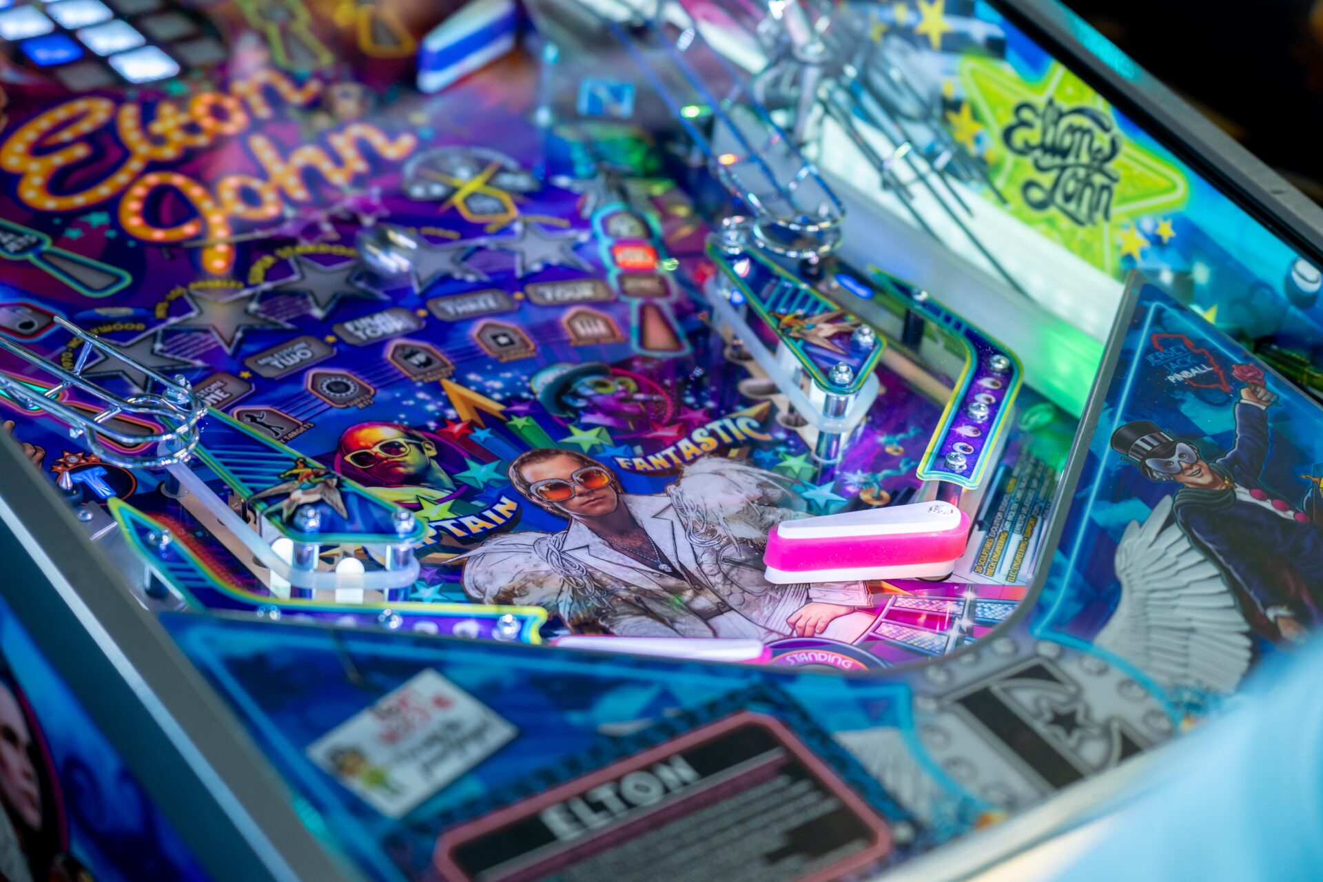 A pin ball game at an arcade.