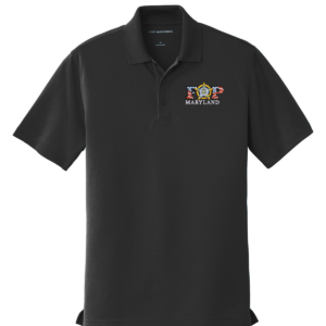 Short-sleeve black Port Authority polo shirt featuring an embroidered Maryland Fraternal Order of Police emblem on the left chest, with "FOP" stylized in American flag pattern lettering above "MARYLAND".