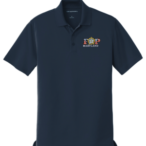 Short-sleeve navy blue Port Authority polo shirt featuring an embroidered Maryland Fraternal Order of Police emblem on the left chest, with "FOP" stylized in American flag pattern lettering above "MARYLAND".