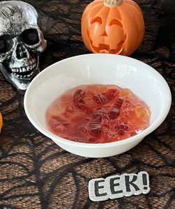 Old Bay Vodka soaked gummy worms in a bowl