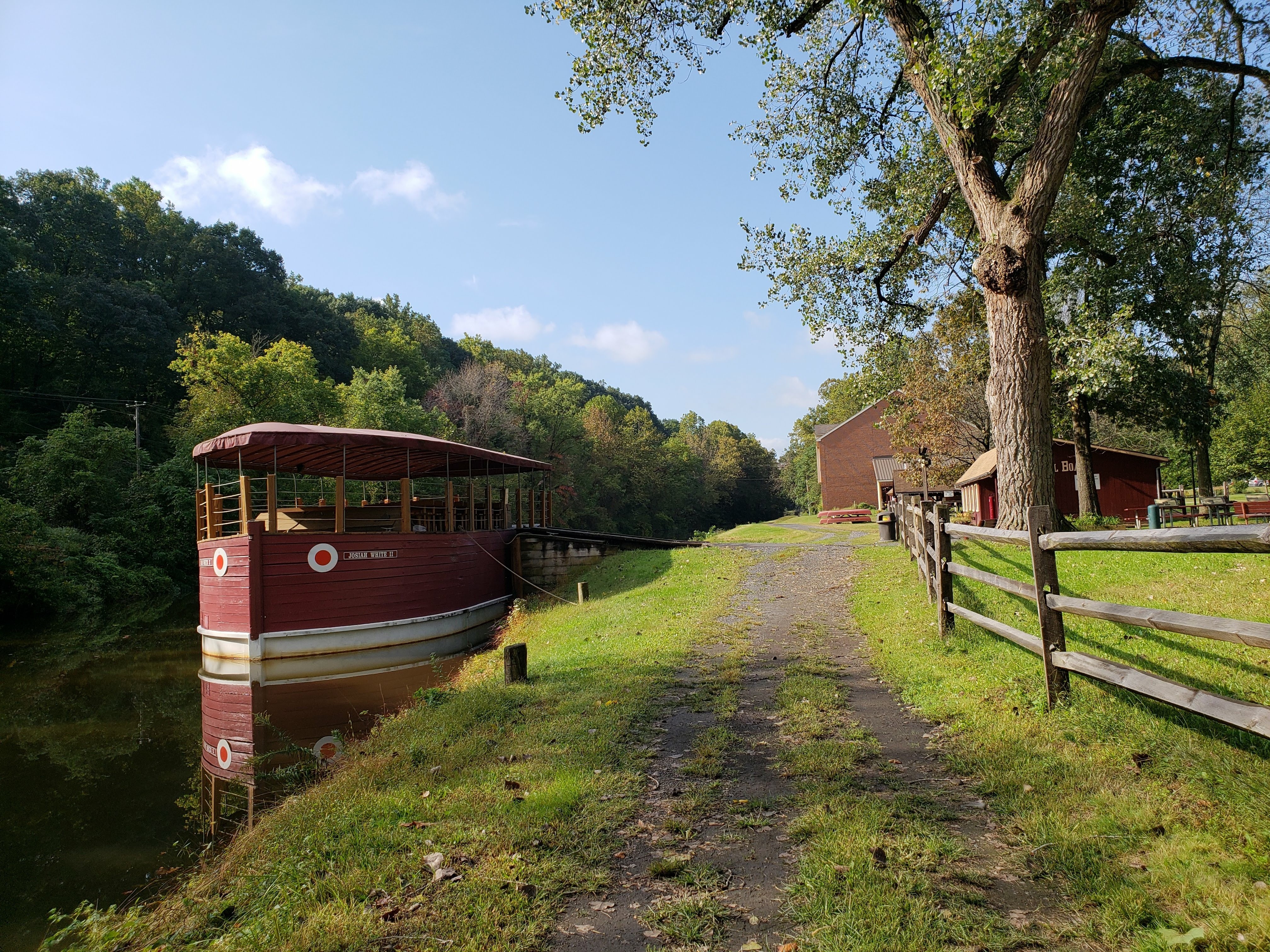 canal boat moored on Lehigh River at National Canal Museum