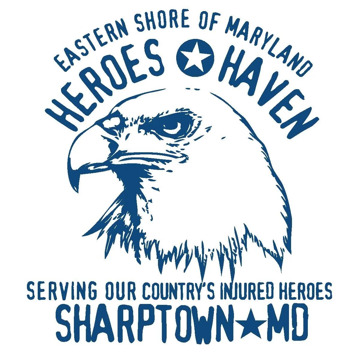 a white and blue logo with an eagle on it