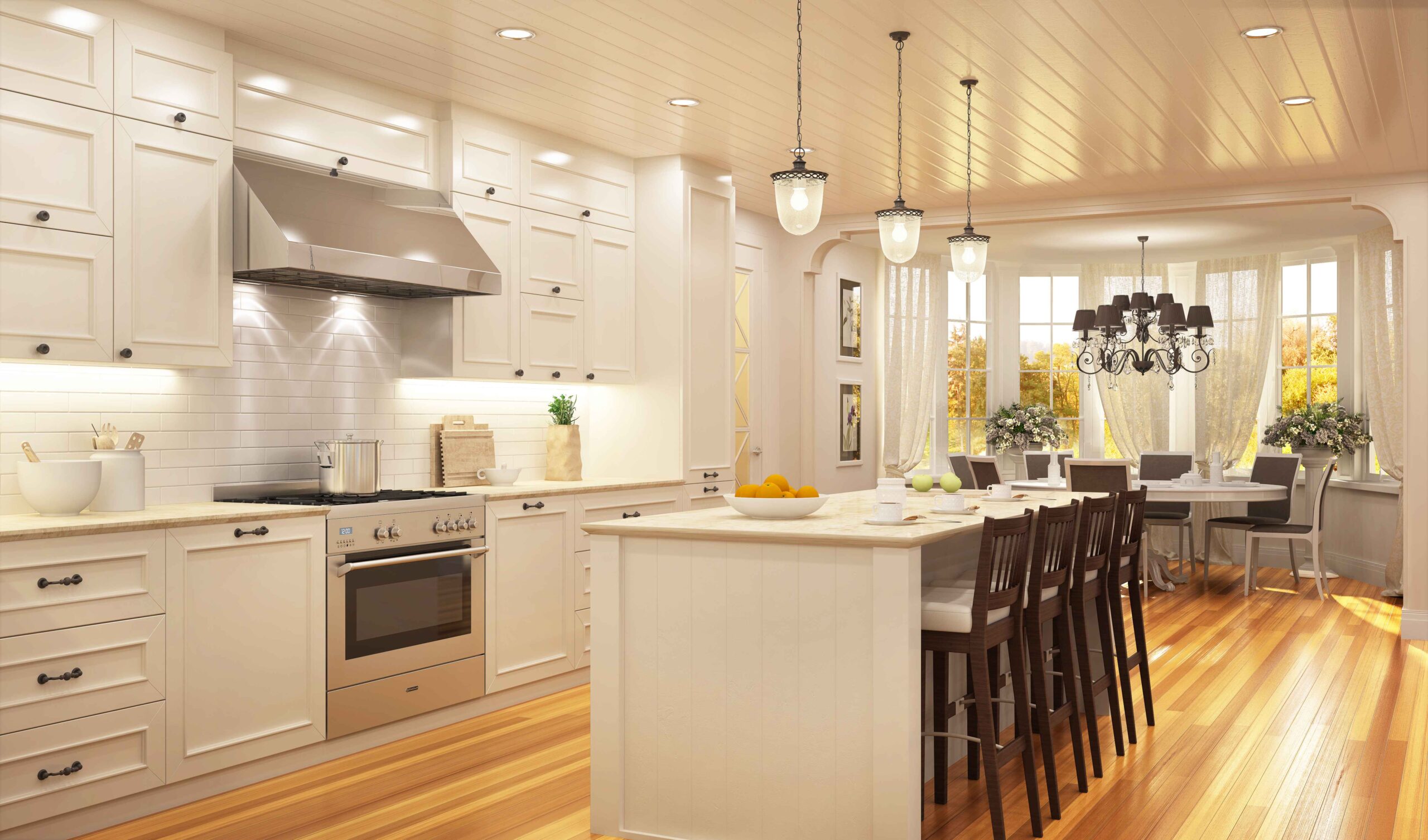 a large kitchen with white cabinets and a center island