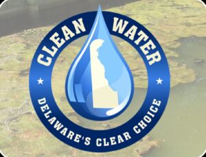 the clean water logo is shown in blue and white