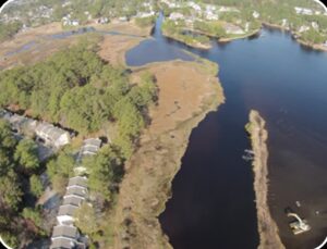 an aerial view of a lake surrounded by trees