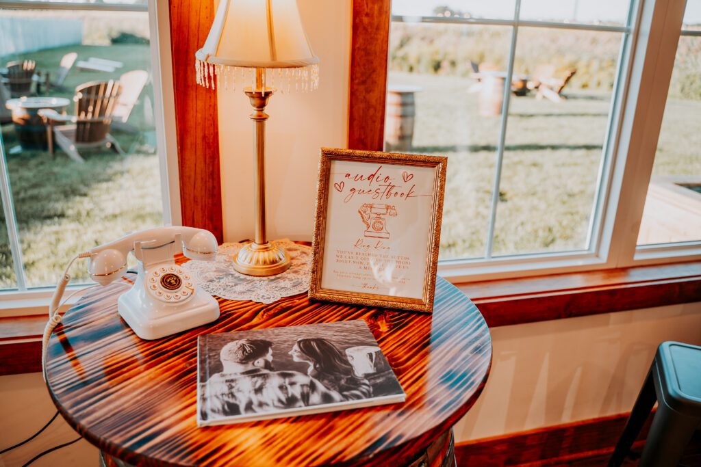An audio guest book set up on one of the barrels on the sunporch in the pole barn at king cole farm.