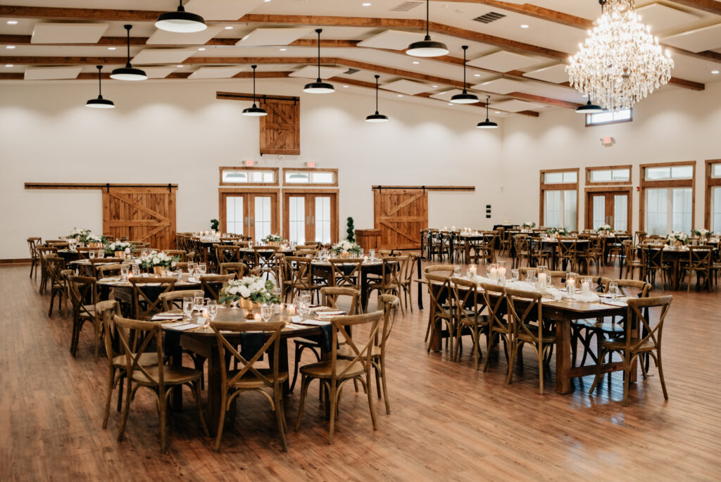 Reception Space set up for a wedding in the Pole Barn at King Cole Farm.