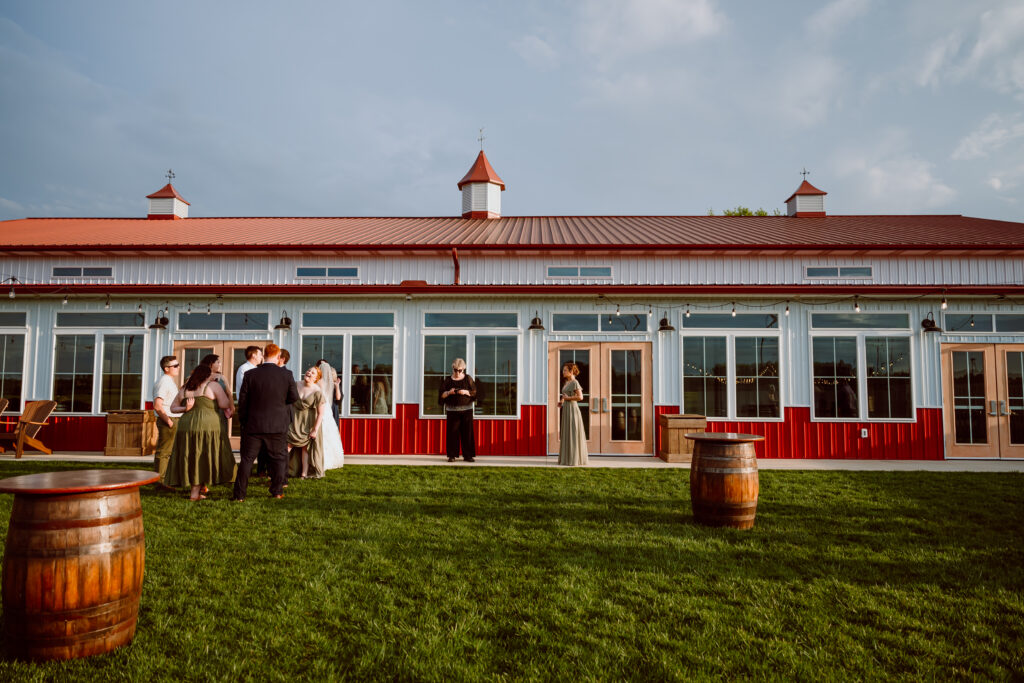 Cocktail Hour in the Back Patio Courtyard of the Pole Barn at King Cole Farm