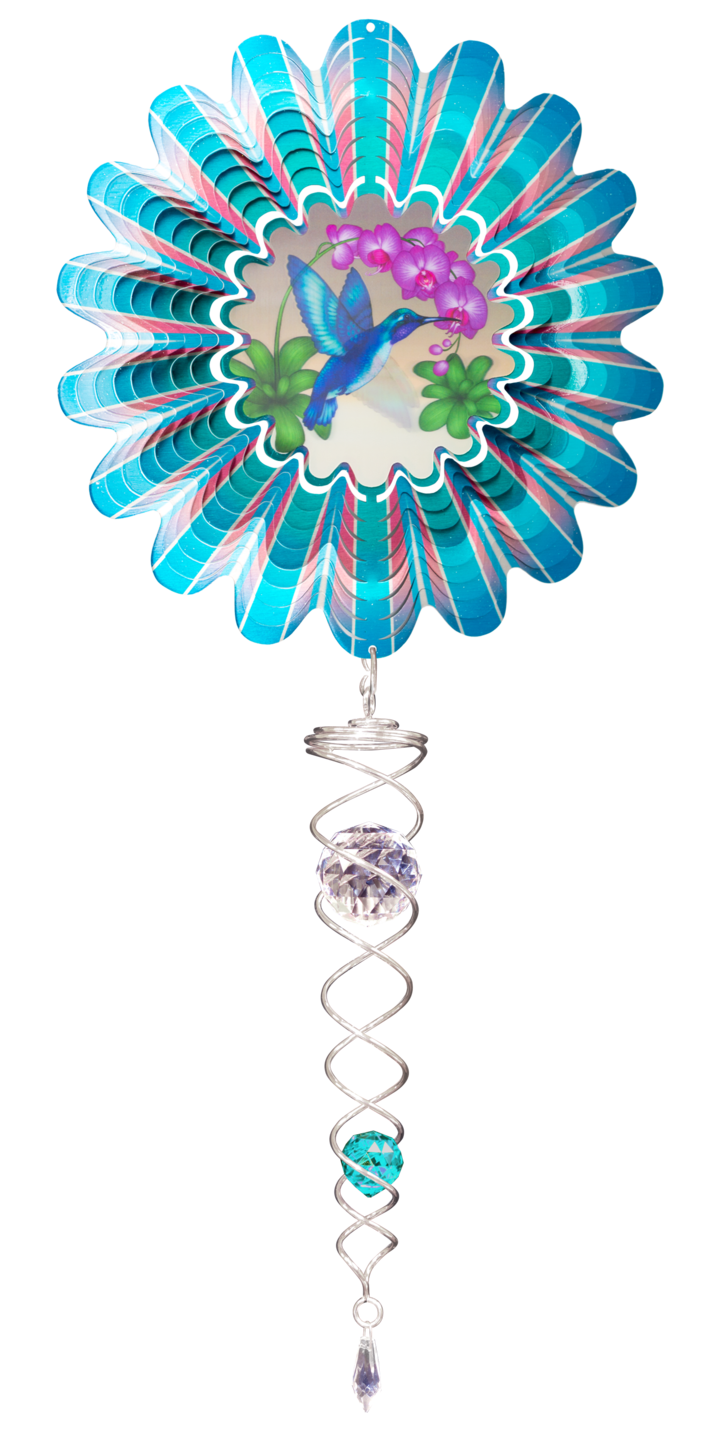 Blue Hummingbird Animated Mini Metal Wind Spinner Set With Tail by Spinfinity - 6.5" Diameter Blue Hummingbird Animated Mini Metal Wind Spinner Set With Tail by Spinfinity - 6.5" Diameter