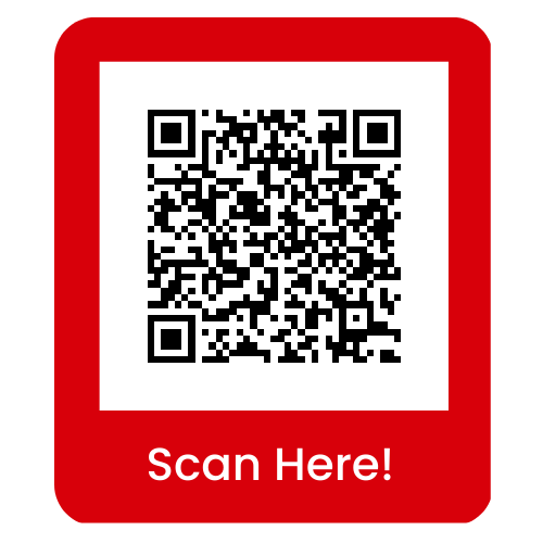 a red and white square with a qr code on it
