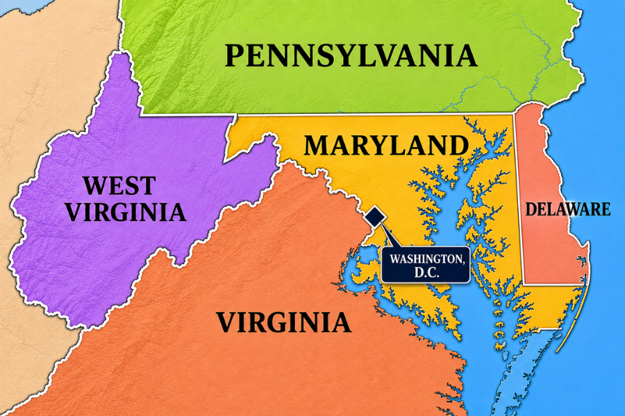 Map of WV, PA, MD< VA, DC, and DE, Lakeside Title's service area