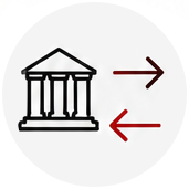 a white circle with a red arrow pointing to a building