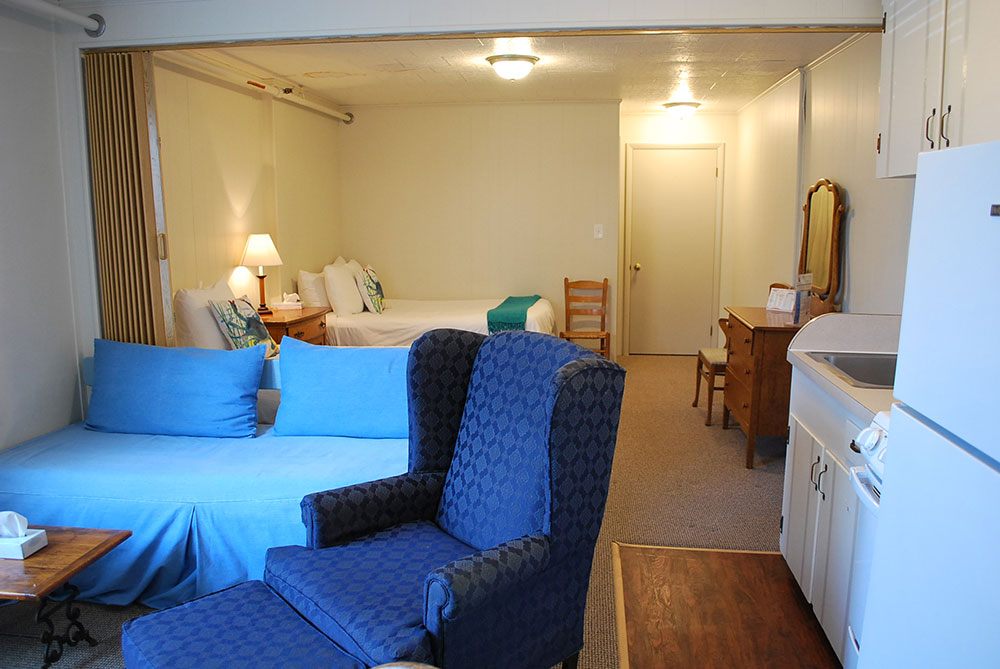 a living room filled with furniture and a refrigerator